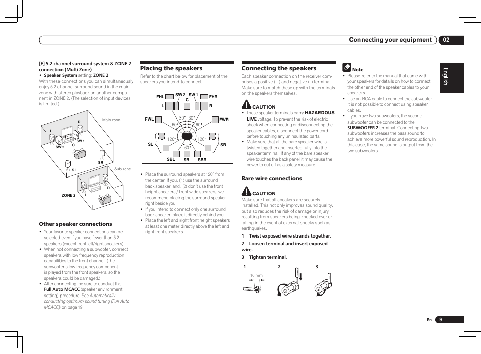 Placing the speakers connecting the speakers, 02 connecting your equipment | Pioneer VSX-LX55 User Manual | Page 9 / 76