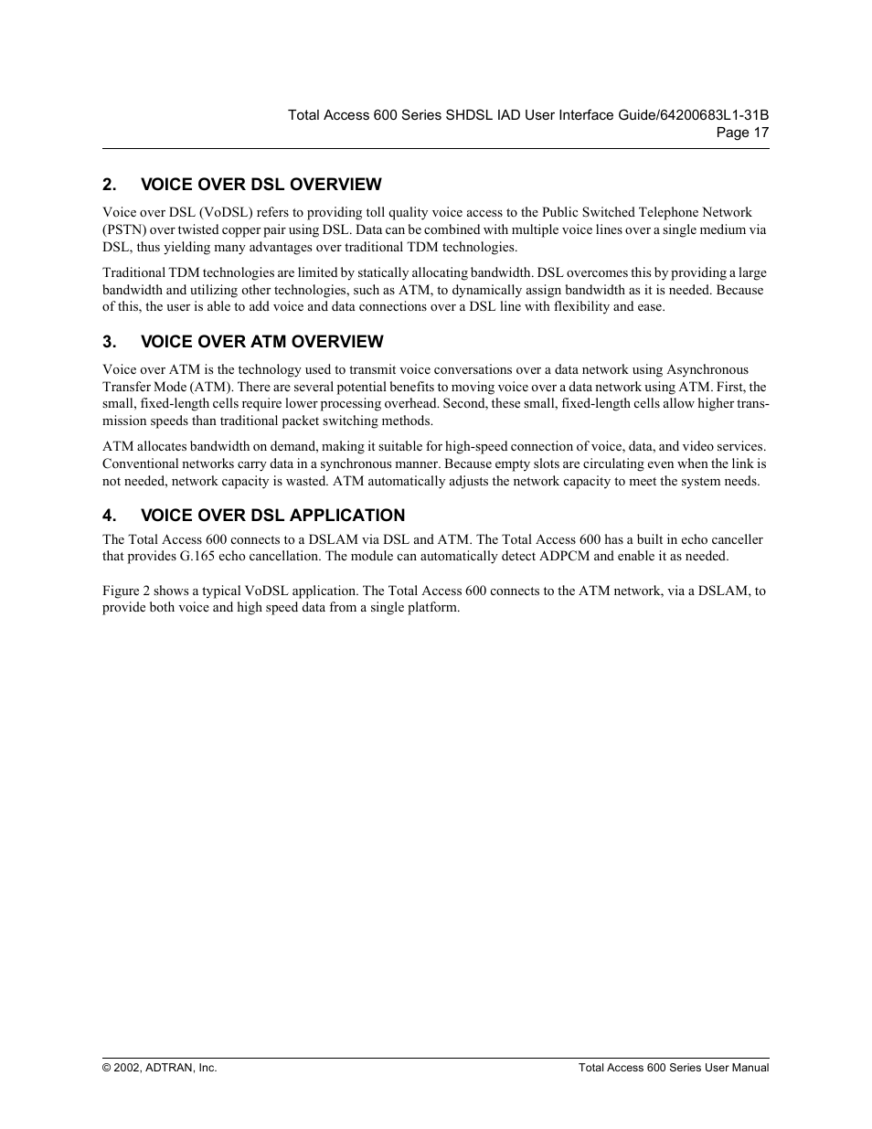 Voice over dsl overview, Voice over atm overview, Voice over dsl application | ADTRAN 600 Series User Manual | Page 17 / 72