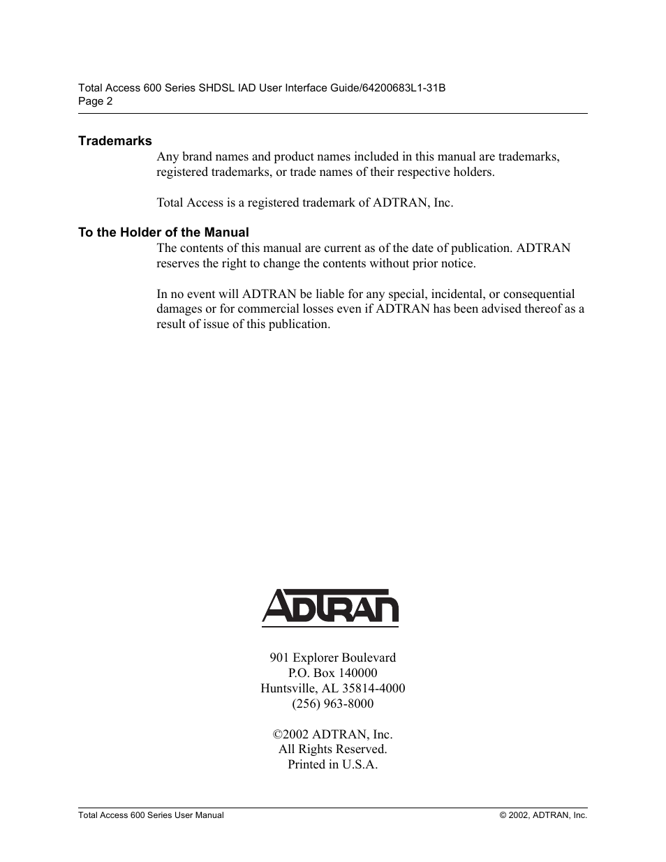 ADTRAN 600 Series User Manual | Page 2 / 72