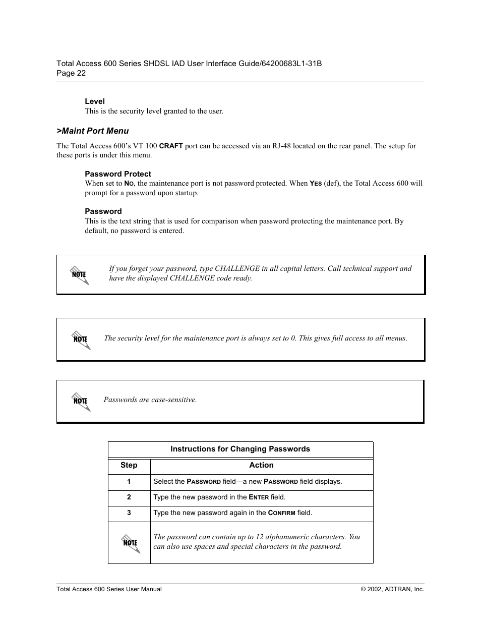Level, Maint port menu, Password protect | Password, Hyho, 0dlqw 3ruw 0hqx, 3dvvzrug 3urwhfw, 3dvvzrug | ADTRAN 600 Series User Manual | Page 22 / 72