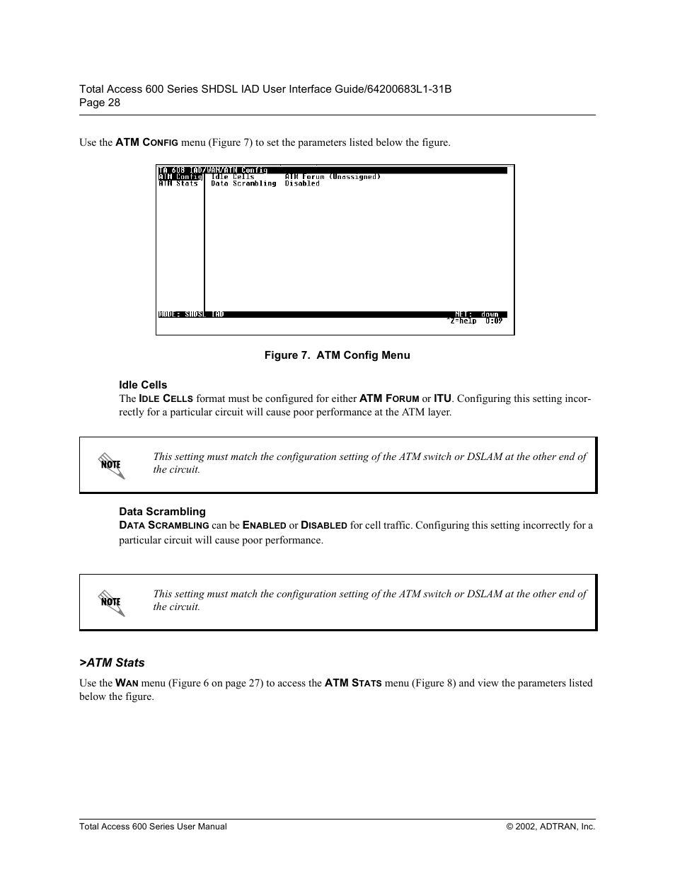 Idle cells, Data scrambling, Atm stats | Goh &hoov, Dwd 6fudpeolqj, 70 6wdwv, Ljxuh, 70 &rqilj 0hqx | ADTRAN 600 Series User Manual | Page 28 / 72