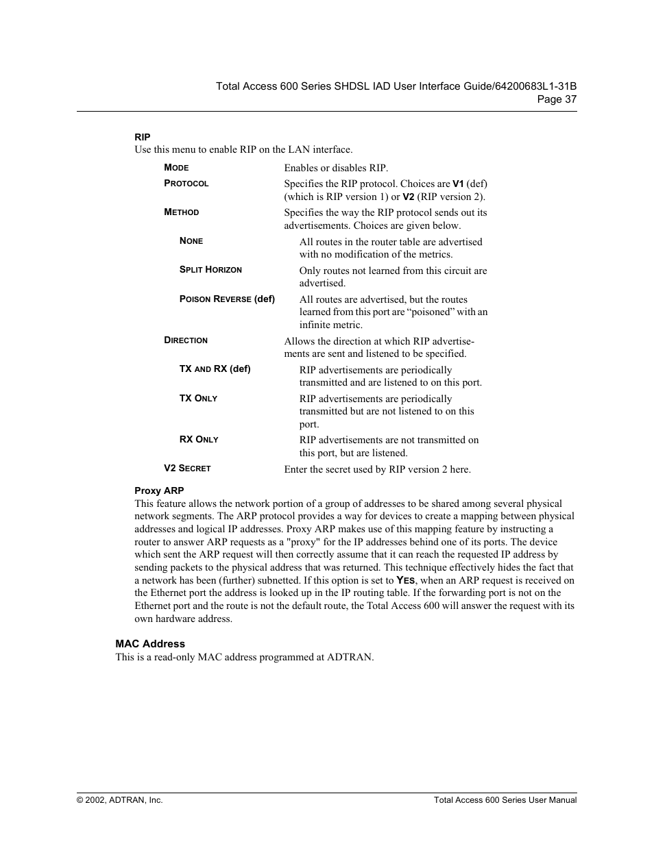 Proxy arp, Mac address, 3ur[\ $53 | 0$& $gguhvv | ADTRAN 600 Series User Manual | Page 37 / 72