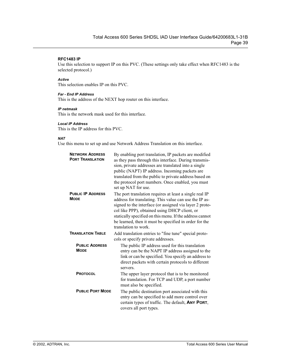 Rfc1483 ip, Active, Far - end ip address | Ip netmask, Local ip address, Fwlyh, Du  (qg ,3 $gguhvv, 3 qhwpdvn, Rfdo ,3 $gguhvv | ADTRAN 600 Series User Manual | Page 39 / 72