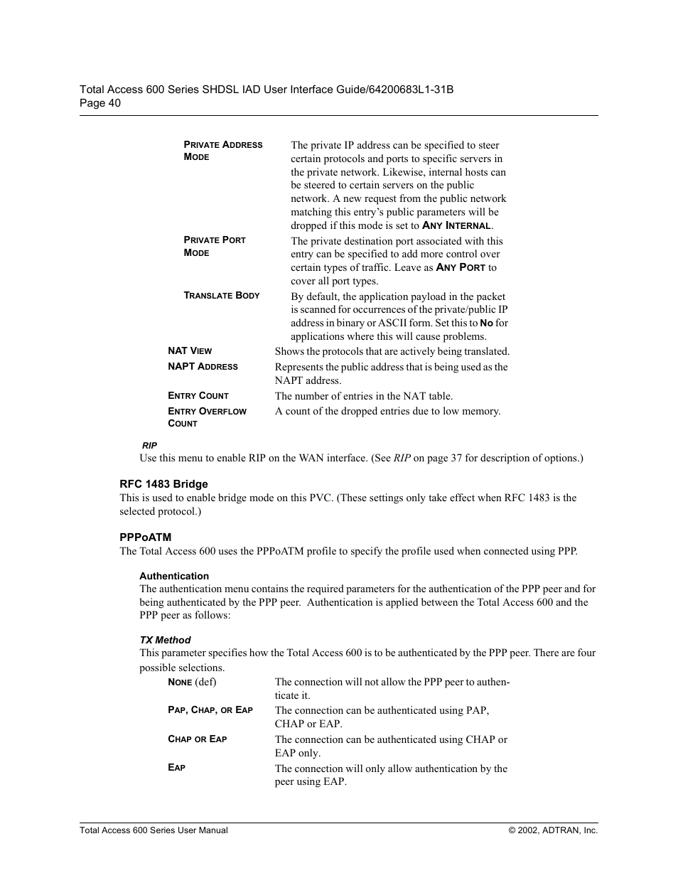 Rfc 1483 bridge, Pppoatm, Authentication | Tx method, 5)&  %ulgjh, 333r$70, Xwkhqwlfdwlrq, 7; 0hwkrg | ADTRAN 600 Series User Manual | Page 40 / 72