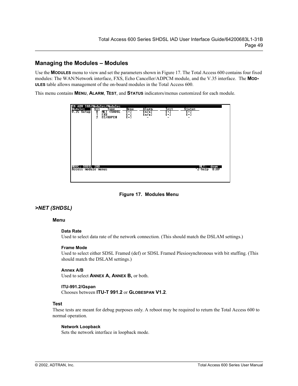 Managing the modules – modules, Net (shdsl), Menu | Data rate, Frame mode, Annex a/b, Itu-991.2/gspan, Test, Network loopback, 0dqdjlqj wkh 0rgxohv ± 0rgxohv | ADTRAN 600 Series User Manual | Page 49 / 72