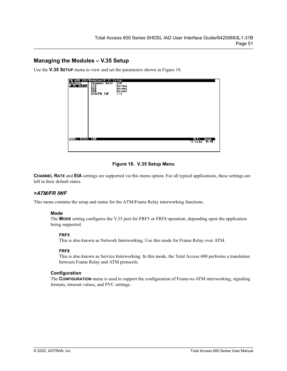 Managing the modules – v.35 setup, Atm/fr iwf, Mode | Frf5, Frf8, Configuration, 0dqdjlqj wkh 0rgxohv ± 9 6hwxs, 0rgh, Rqiljxudwlrq, Ljxuh  9 6hwxs 0hqx | ADTRAN 600 Series User Manual | Page 51 / 72