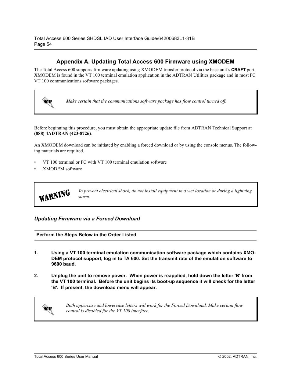 Updating firmware via a forced download, 8sgdwlqj )lupzduh yld d )rufhg 'rzqordg | ADTRAN 600 Series User Manual | Page 54 / 72