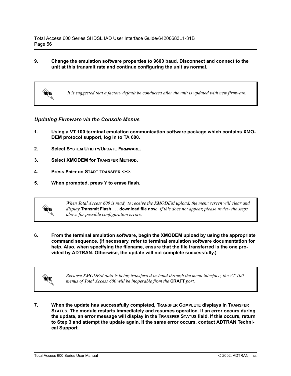 Updating firmware via the console menus, 8sgdwlqj )lupzduh yld wkh &rqvroh 0hqxv | ADTRAN 600 Series User Manual | Page 56 / 72