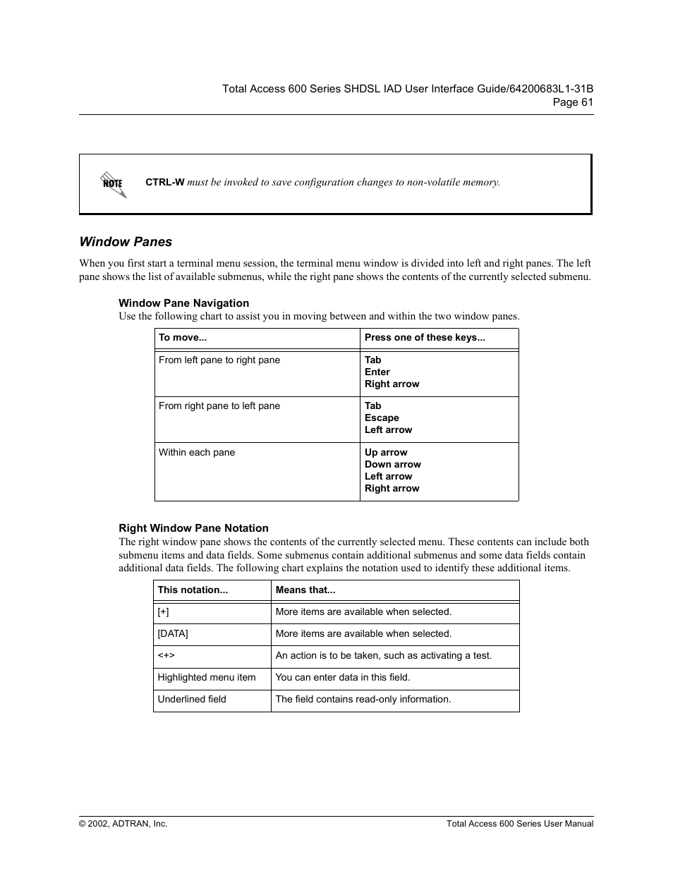 Window panes, Window pane navigation, Right window pane notation | Lqgrz 3dqhv, Lqgrz 3dqh 1dyljdwlrq, 5ljkw :lqgrz 3dqh 1rwdwlrq | ADTRAN 600 Series User Manual | Page 61 / 72