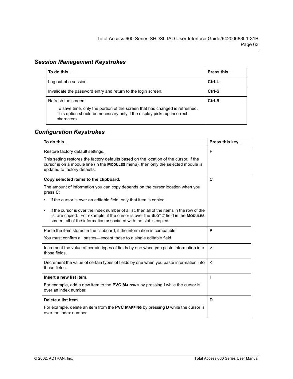 Session management keystrokes, Configuration keystrokes, 6hvvlrq 0dqdjhphqw .h\vwurnhv | Rqiljxudwlrq .h\vwurnhv | ADTRAN 600 Series User Manual | Page 63 / 72