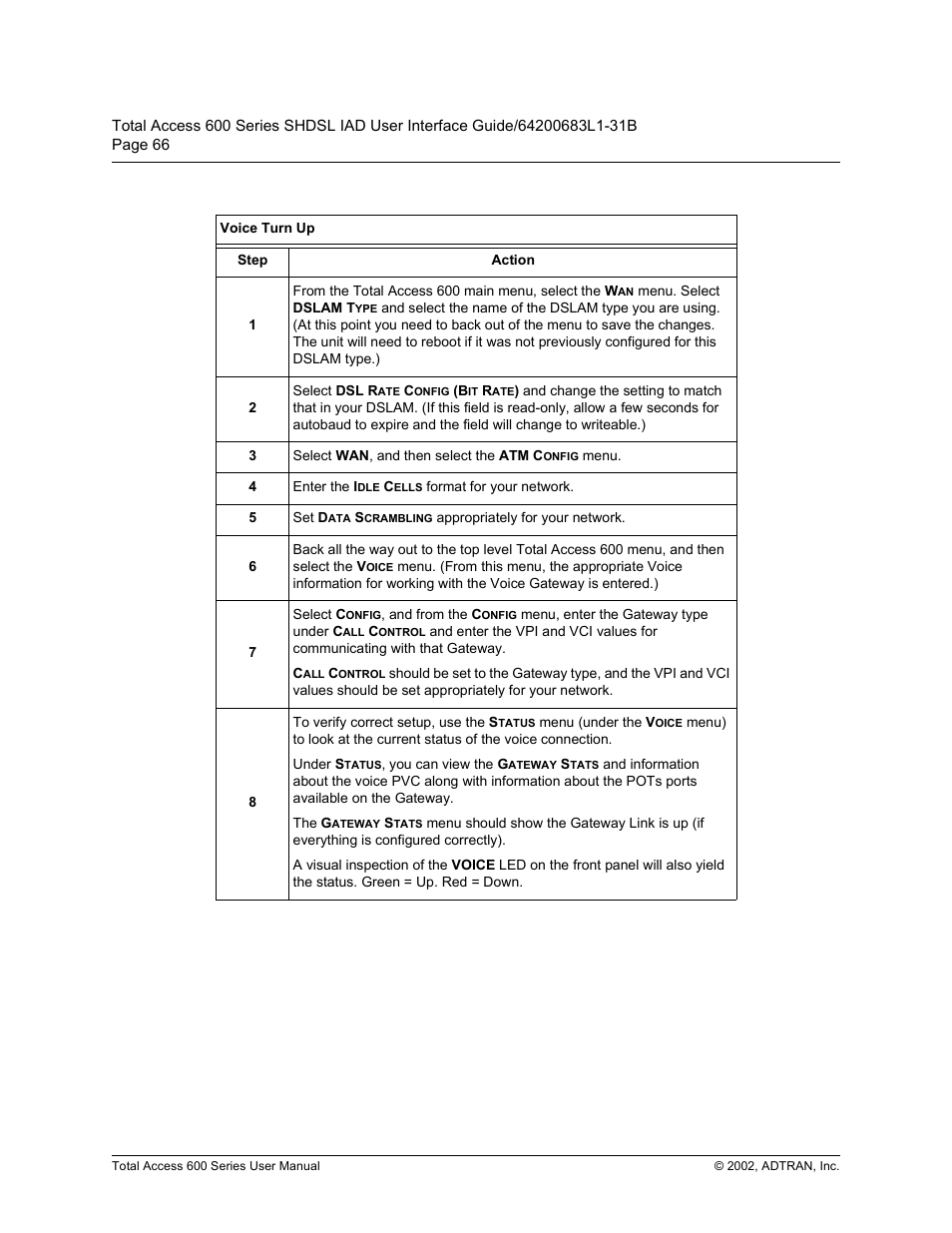 Voice turn up, 9rlfh 7xuq 8s | ADTRAN 600 Series User Manual | Page 66 / 72