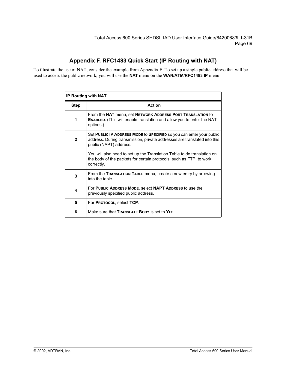 Ip routing with nat, Sshqgl[ ) 5)& 4xlfn 6wduw ,3 5rxwlqj zlwk 1$7, 3 5rxwlqj zlwk 1$7 | ADTRAN 600 Series User Manual | Page 69 / 72
