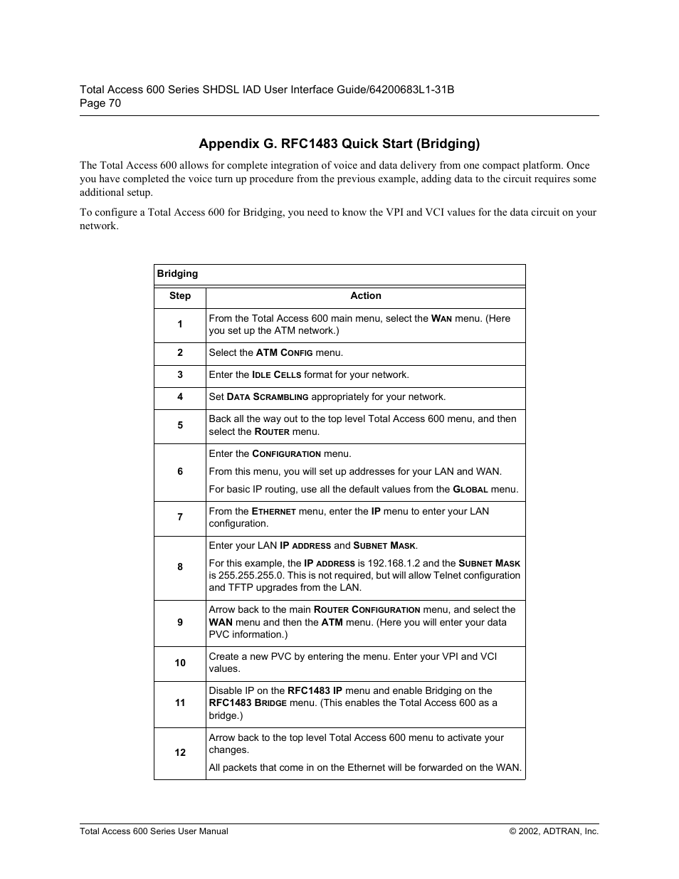 Appendix g. rfc1483 quick start (bridging), Bridging, Sshqgl[ * 5)& 4xlfn 6wduw %ulgjlqj | Ulgjlqj | ADTRAN 600 Series User Manual | Page 70 / 72