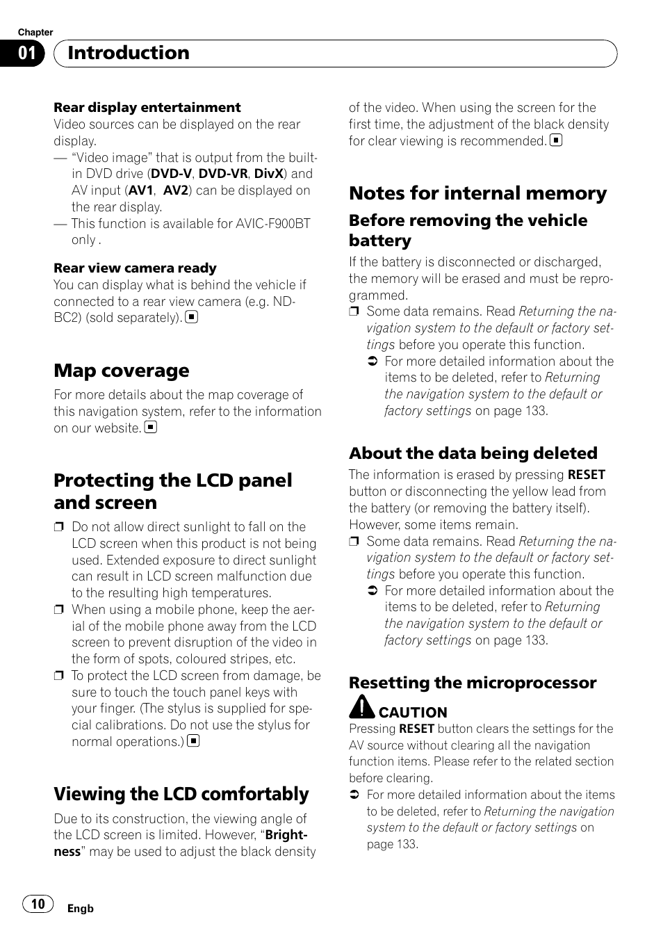 Map coverage, Protecting the lcd panel and screen, Viewing the lcd comfortably | Notes for internal memory, Before removing the vehicle, Battery, About the data being deleted 10, Resetting the microprocessor 10, Introduction | Pioneer AVIC F900BT User Manual | Page 10 / 172