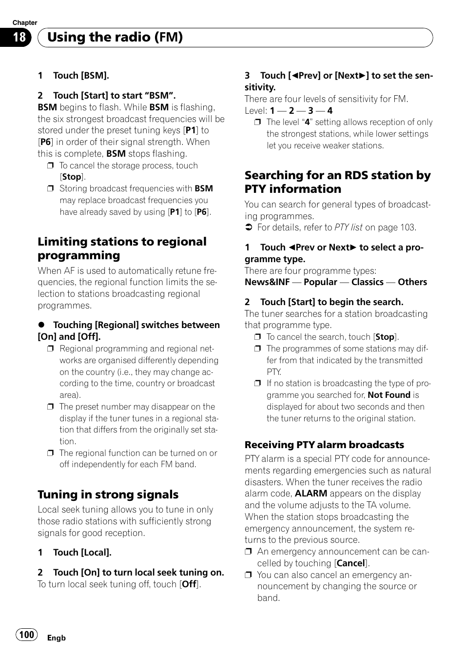 Limiting stations to regional, Programming, Tuning in strong signals 100 | Searching for an rds station by pty, Information, Using the radio (fm), Limiting stations to regional programming, Tuning in strong signals, Searching for an rds station by pty information | Pioneer AVIC F900BT User Manual | Page 100 / 172