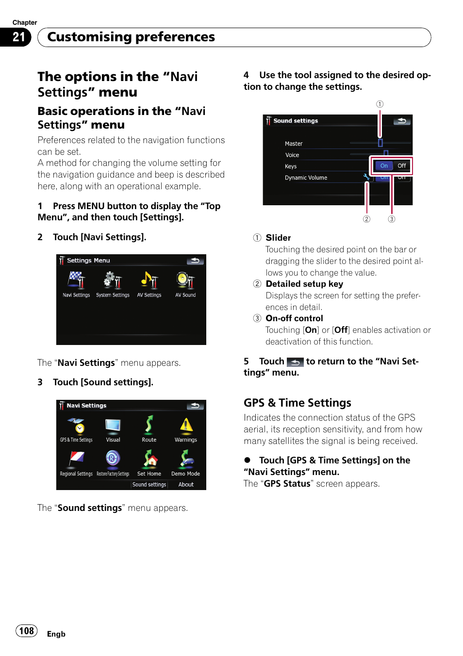 Customising preferences the options in the, Navi settings, Menu | Basic operations in the “navi settings, Gps & time settings 108, Chapter 21, The options in the “navi settings ” menu, Customising preferences | Pioneer AVIC F900BT User Manual | Page 108 / 172