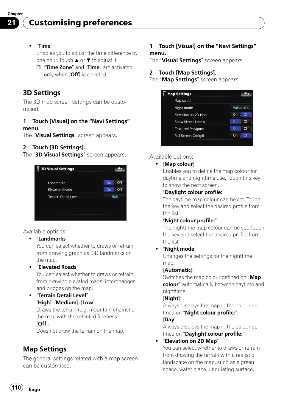 3d settings 110, Map settings 110, Map settings on | Customising preferences, 3d settings, Map settings | Pioneer AVIC F900BT User Manual | Page 110 / 172