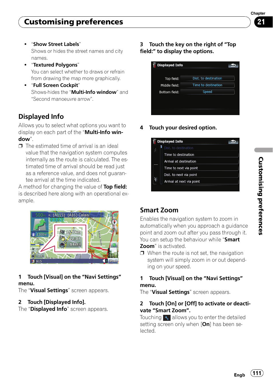 Displayed info 111, Smart zoom 111, Displayed info on | Customising preferences, Displayed info, Smart zoom | Pioneer AVIC F900BT User Manual | Page 111 / 172