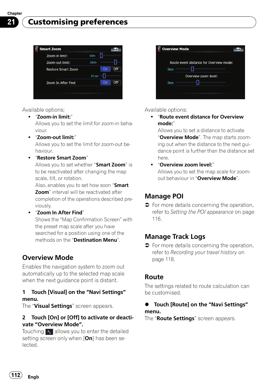 Overview mode 112, Manage poi 112, Manage track logs 112 | Route 112, Customising preferences, Overview mode, Manage poi, Manage track logs, Route | Pioneer AVIC F900BT User Manual | Page 112 / 172