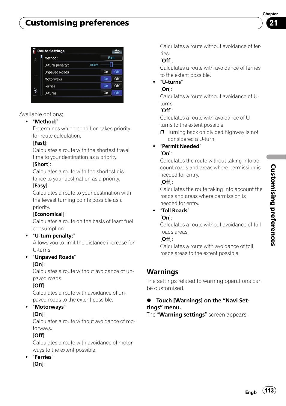 Warnings 113, Customising preferences, Warnings | Pioneer AVIC F900BT User Manual | Page 113 / 172