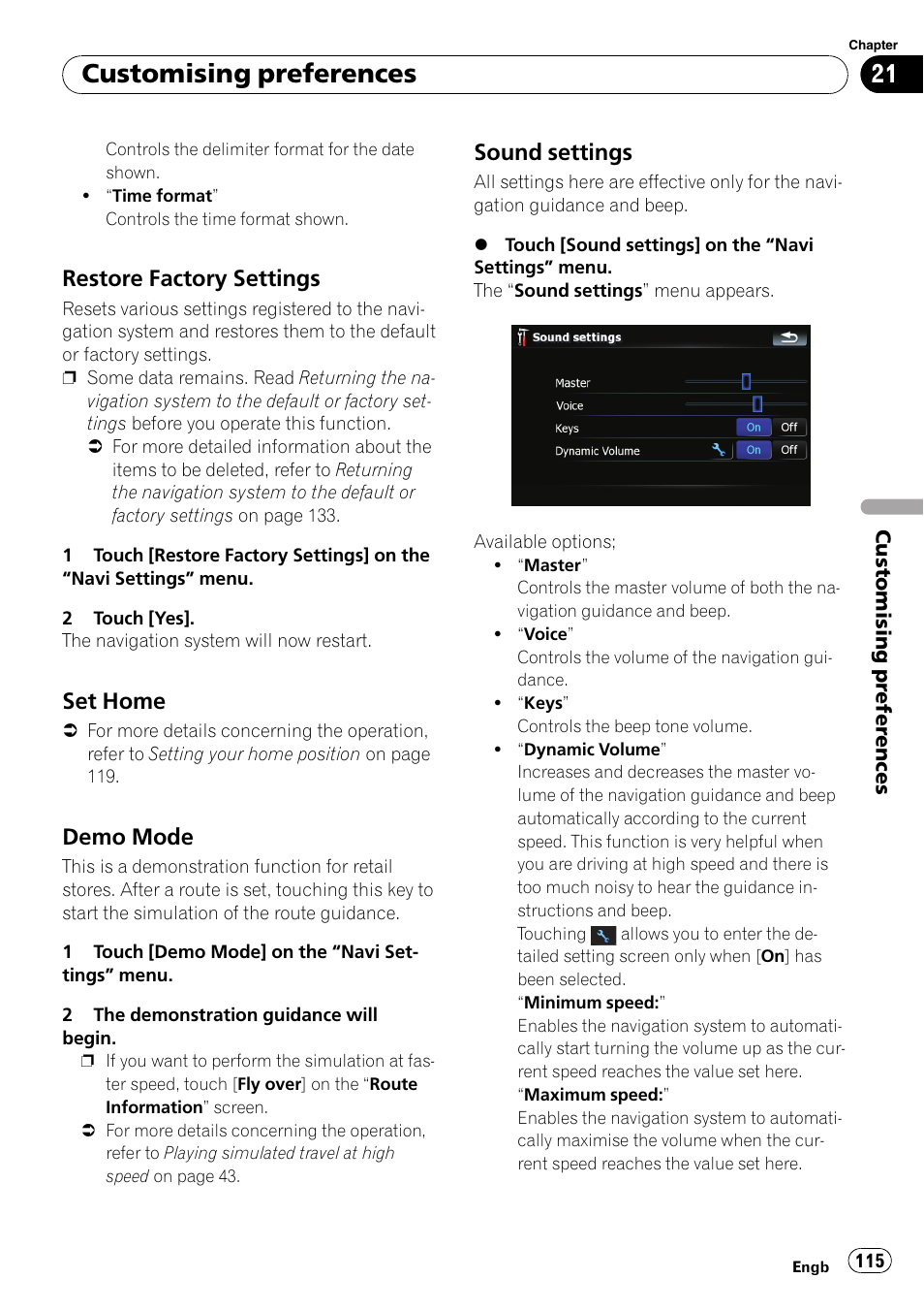 Restore factory settings 115, Set home 115, Demo mode 115 | Sound settings 115, Demo mode on, Customising preferences, Restore factory settings, Set home, Demo mode, Sound settings | Pioneer AVIC F900BT User Manual | Page 115 / 172