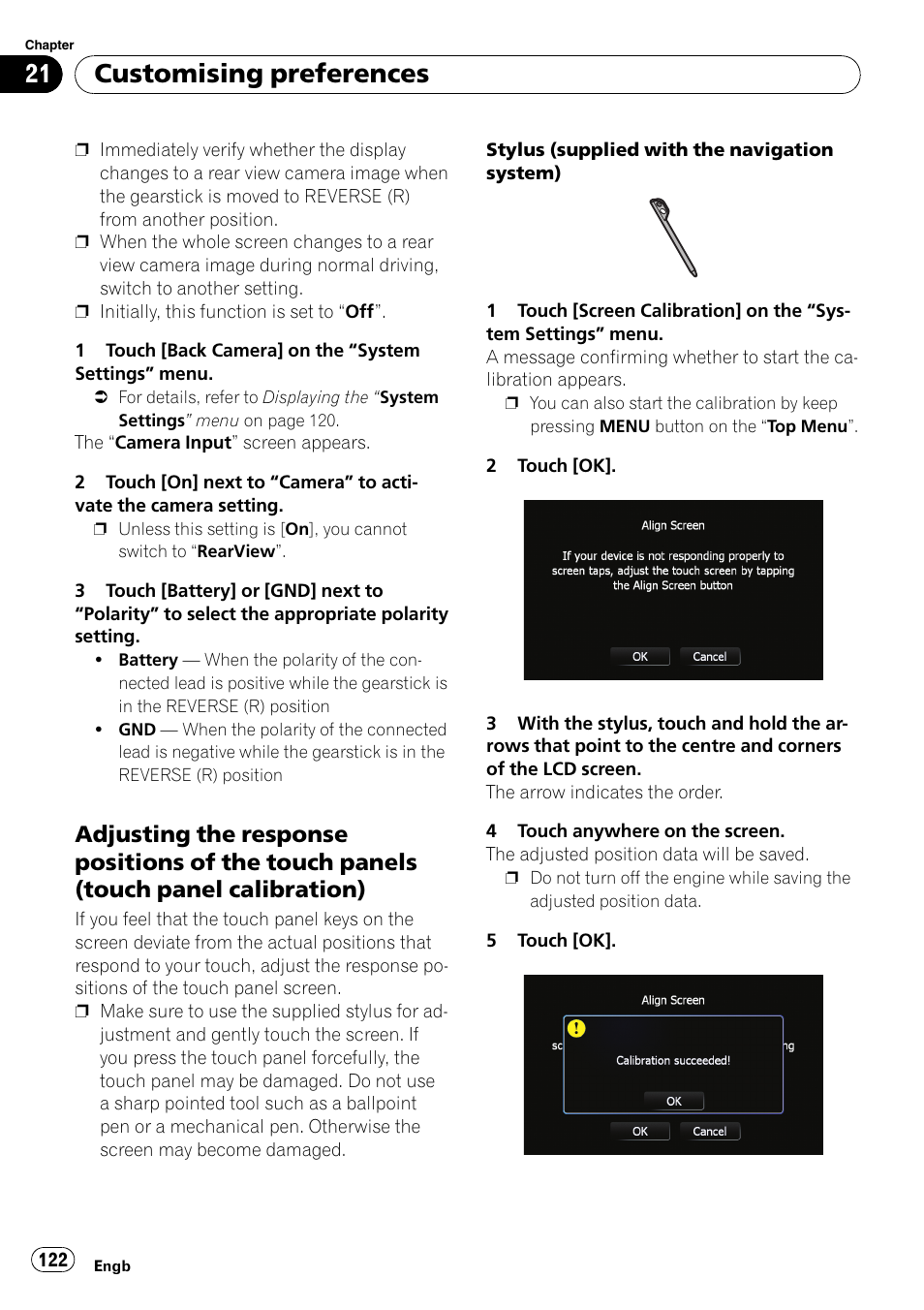 Adjusting the response positions of the, Touch panels (touch panel calibration), Customising preferences | Pioneer AVIC F900BT User Manual | Page 122 / 172