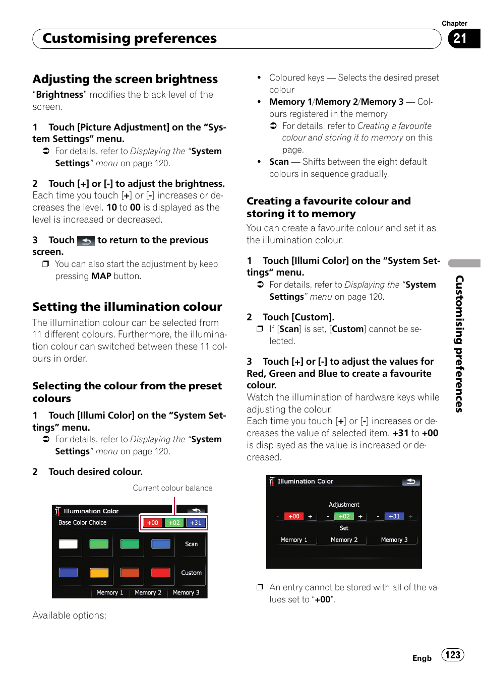 Adjusting the screen brightness 123, Setting the illumination colour 123, Customising preferences | Adjusting the screen brightness, Setting the illumination colour | Pioneer AVIC F900BT User Manual | Page 123 / 172