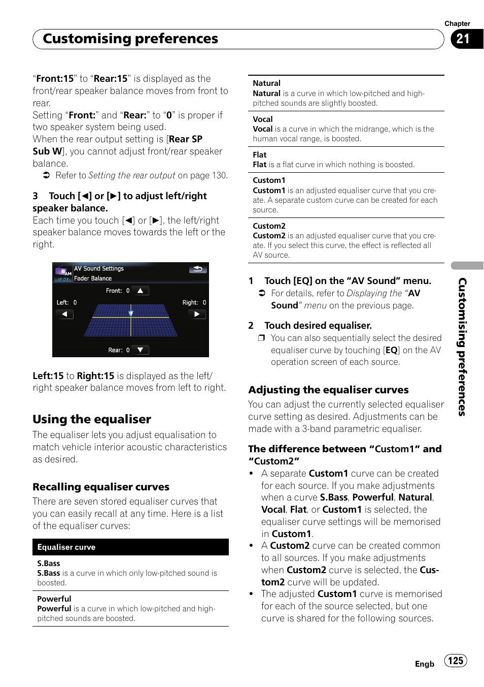 Using the equaliser 125, Recalling equaliser, Customising preferences | Using the equaliser | Pioneer AVIC F900BT User Manual | Page 125 / 172