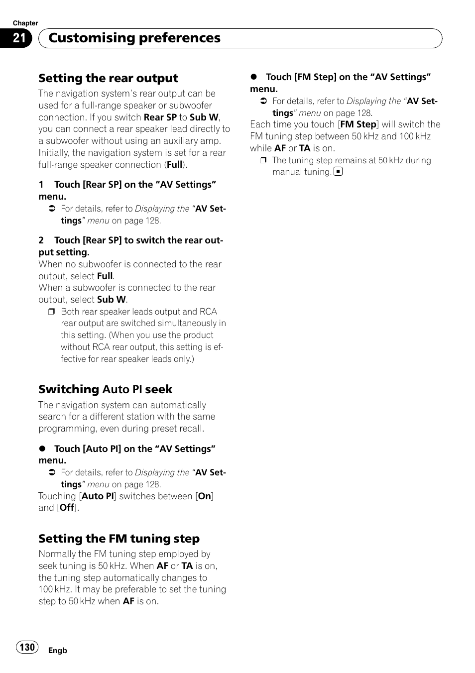 Setting the rear output 130, Switching auto pi seek 130, Setting the fm tuning step 130 | Customising preferences, Setting the rear output, Switching auto pi seek, Setting the fm tuning step | Pioneer AVIC F900BT User Manual | Page 130 / 172