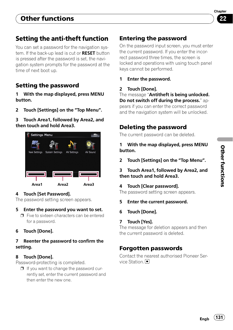 Other functions setting the anti-theft function, Setting the password 131, Entering the password 131 | Deleting the password 131, Forgotten passwords 131, Setting the anti-theft function, Other functions, Setting the password, Entering the password, Deleting the password | Pioneer AVIC F900BT User Manual | Page 131 / 172