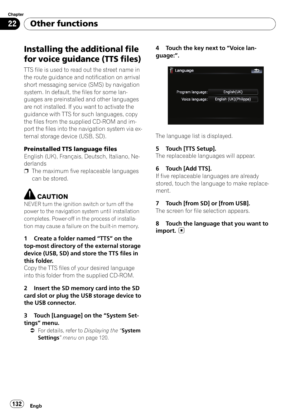 Installing the additional file for voice, Guidance (tts files), Other functions | Pioneer AVIC F900BT User Manual | Page 132 / 172