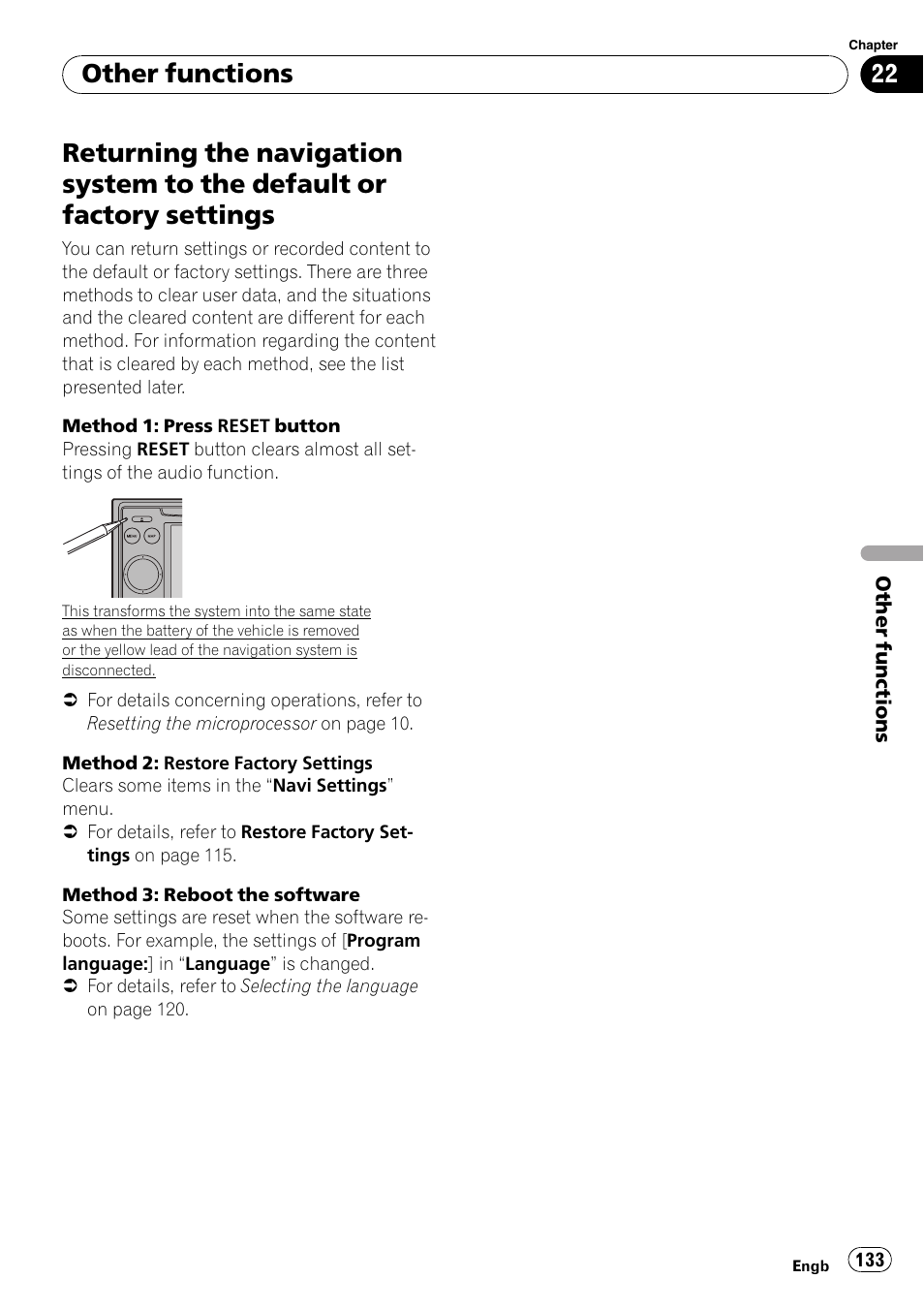 Returning the navigation system to the, Default or factory settings, Returning the na | Other functions | Pioneer AVIC F900BT User Manual | Page 133 / 172