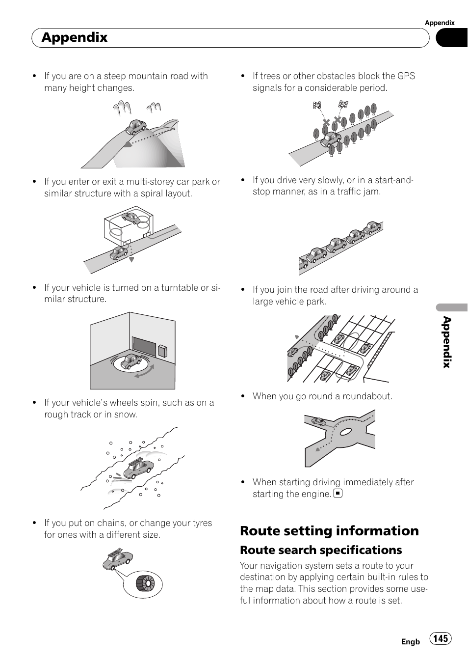 Route setting information, Route search specifications 145, Appendix | Route search specifications | Pioneer AVIC F900BT User Manual | Page 145 / 172