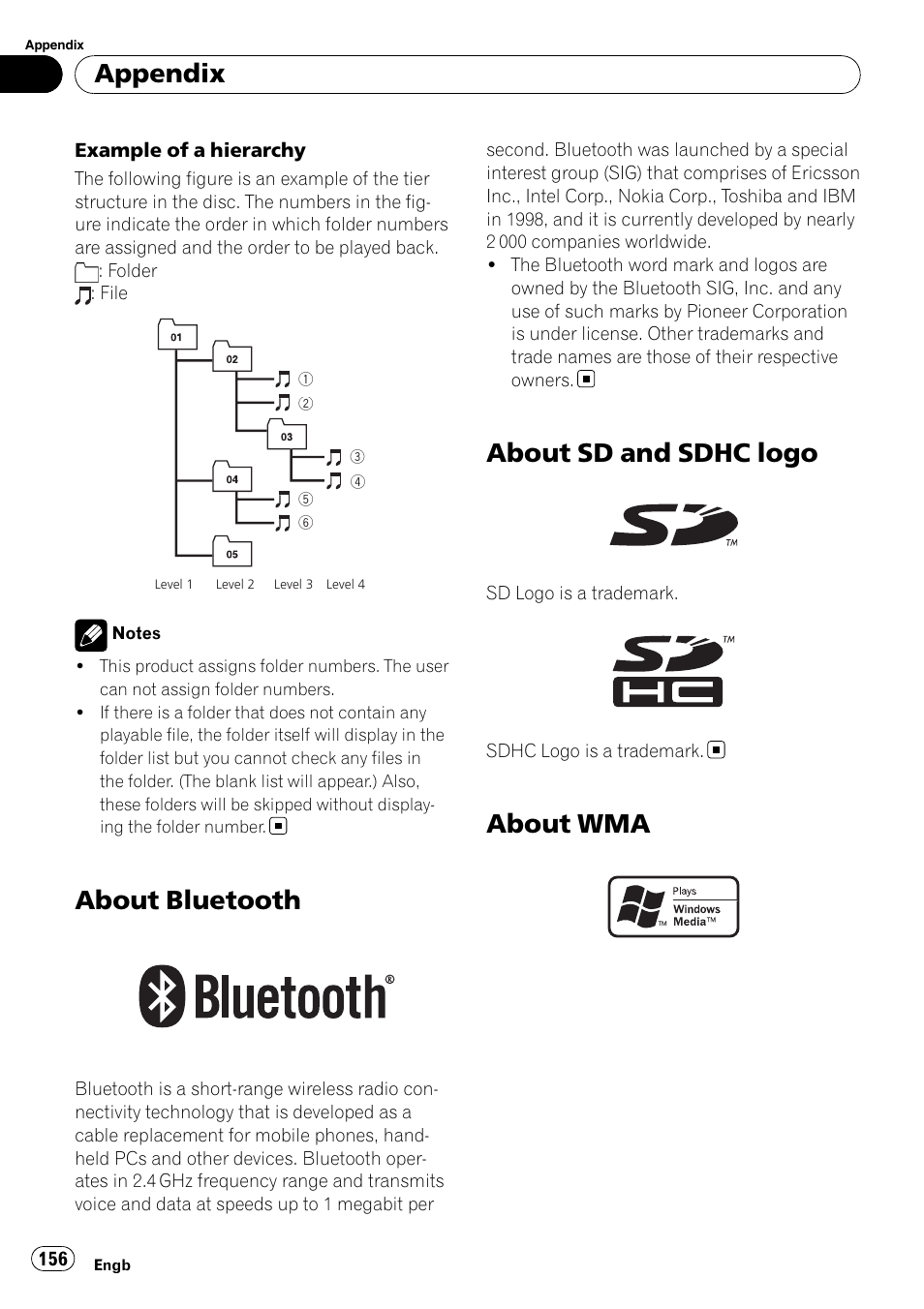 About bluetooth, About sd and sdhc logo, About wma | About wma appendix | Pioneer AVIC F900BT User Manual | Page 156 / 172