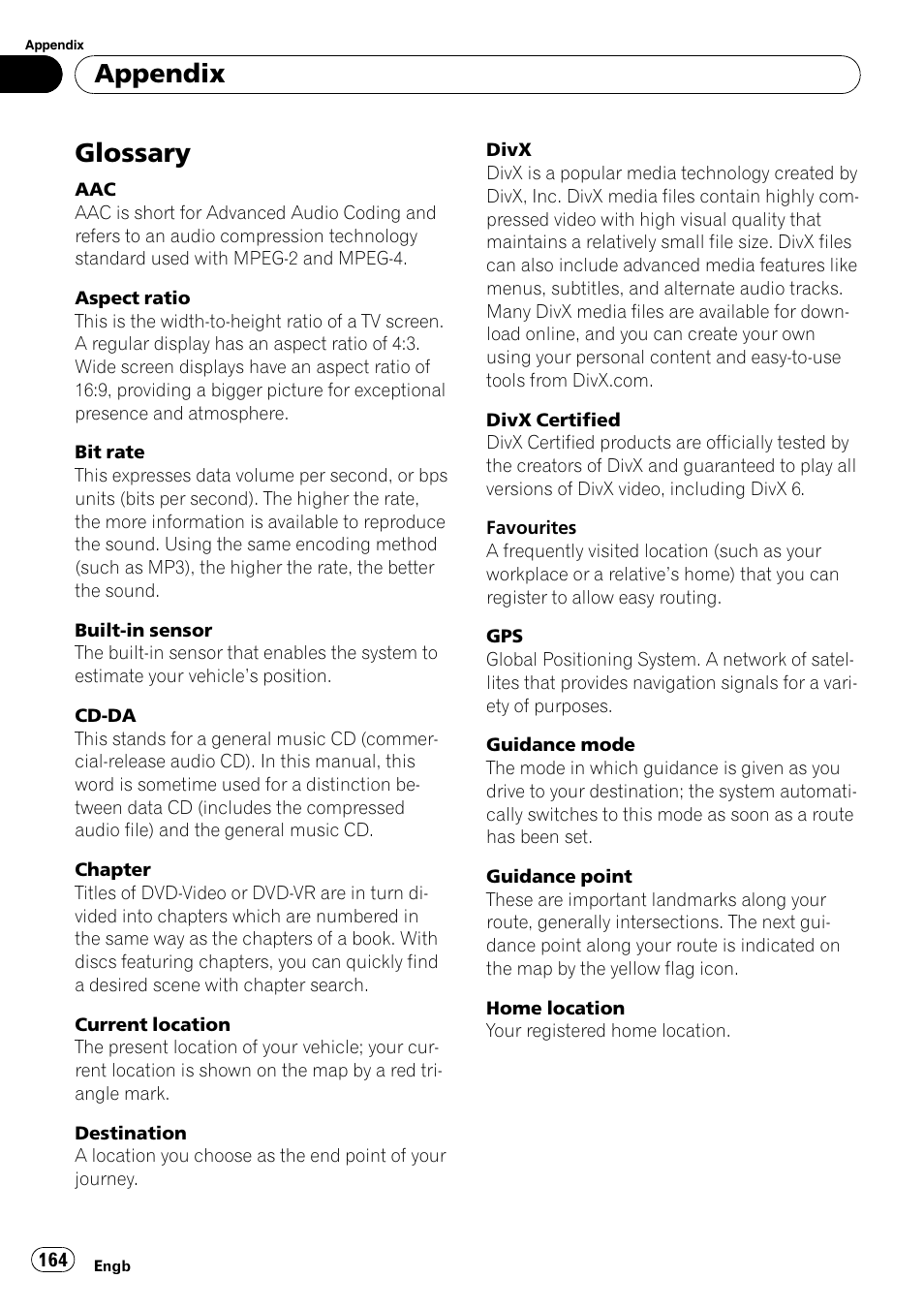 Glossary, Appendix | Pioneer AVIC F900BT User Manual | Page 164 / 172