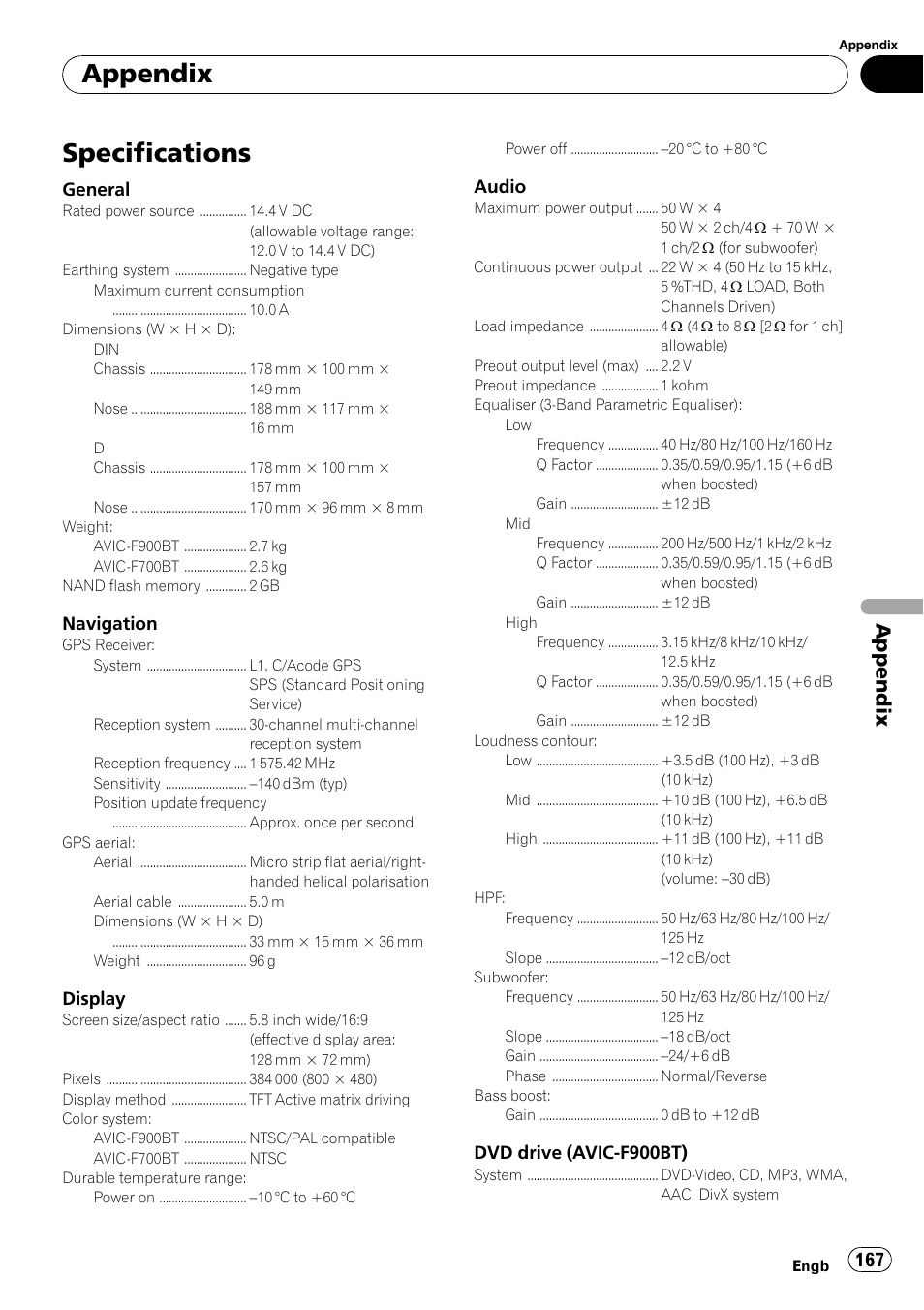 Specifications, Appendix, General | Navigation, Display, Audio, Dvd drive (avic-f900bt) | Pioneer AVIC F900BT User Manual | Page 167 / 172