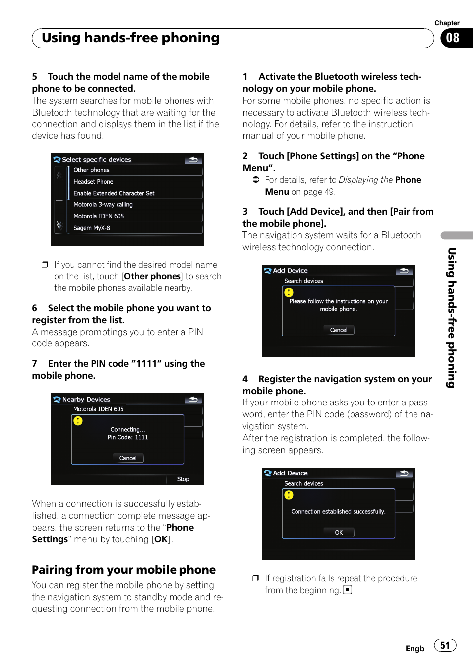 Pairing from your mobile phone 51, Using hands-free phoning, Pairing from your mobile phone | Pioneer AVIC F900BT User Manual | Page 51 / 172