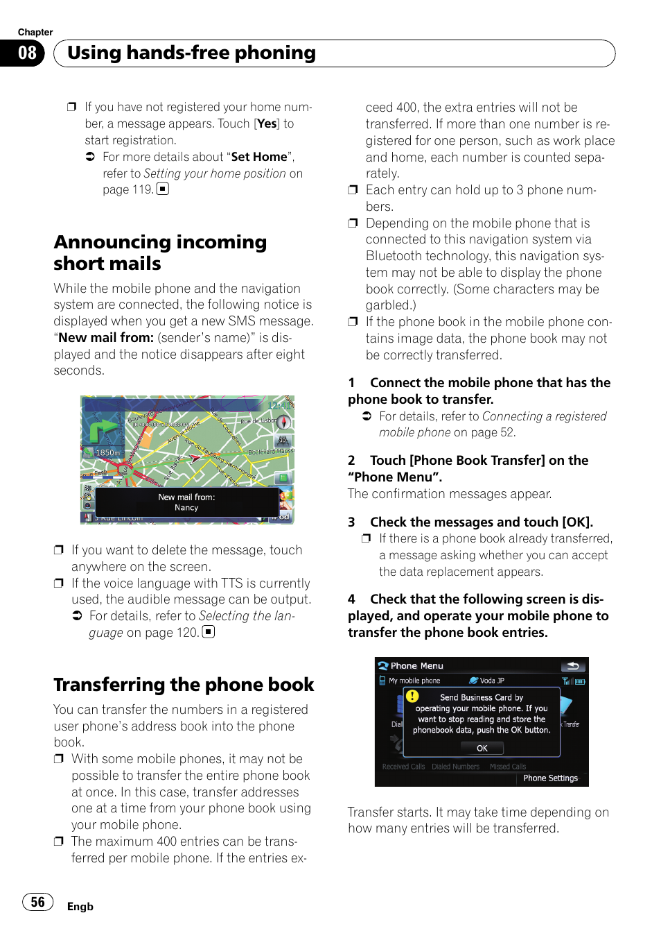 Announcing incoming short mails, Transferring the phone book, Using hands-free phoning | Pioneer AVIC F900BT User Manual | Page 56 / 172