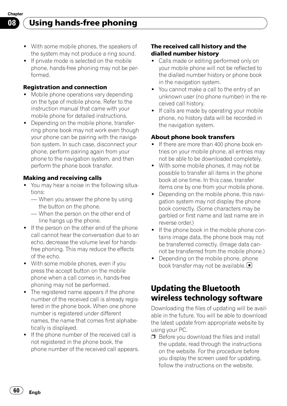 Updating the bluetooth wireless technology, Software, Using hands-free phoning | Pioneer AVIC F900BT User Manual | Page 60 / 172