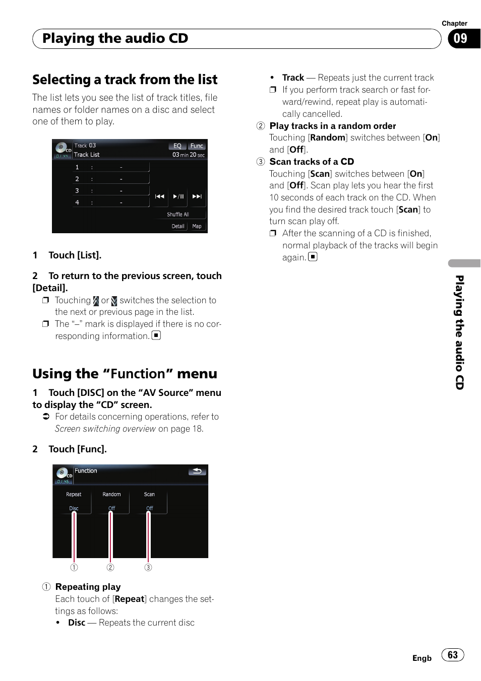 Selecting a track from the list, Using the, Function” menu 63 | Using the “function” menu, Playing the audio cd | Pioneer AVIC F900BT User Manual | Page 63 / 172