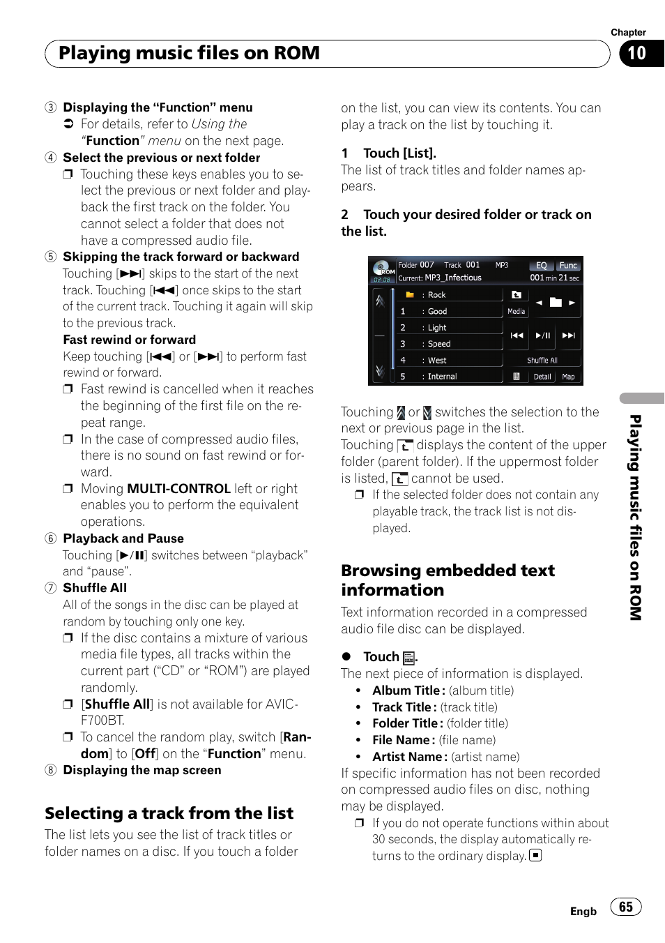 Selecting a track from the list 65, Browsing embedded text, Information | Playing music files on rom, Selecting a track from the list, Browsing embedded text information | Pioneer AVIC F900BT User Manual | Page 65 / 172