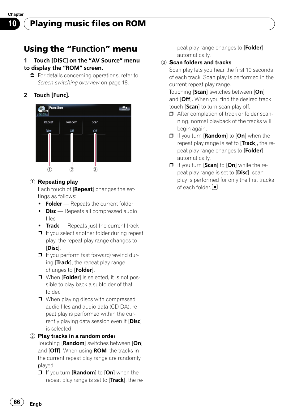 Using the, Function” menu 66, Using the “function” menu | Playing music files on rom | Pioneer AVIC F900BT User Manual | Page 66 / 172