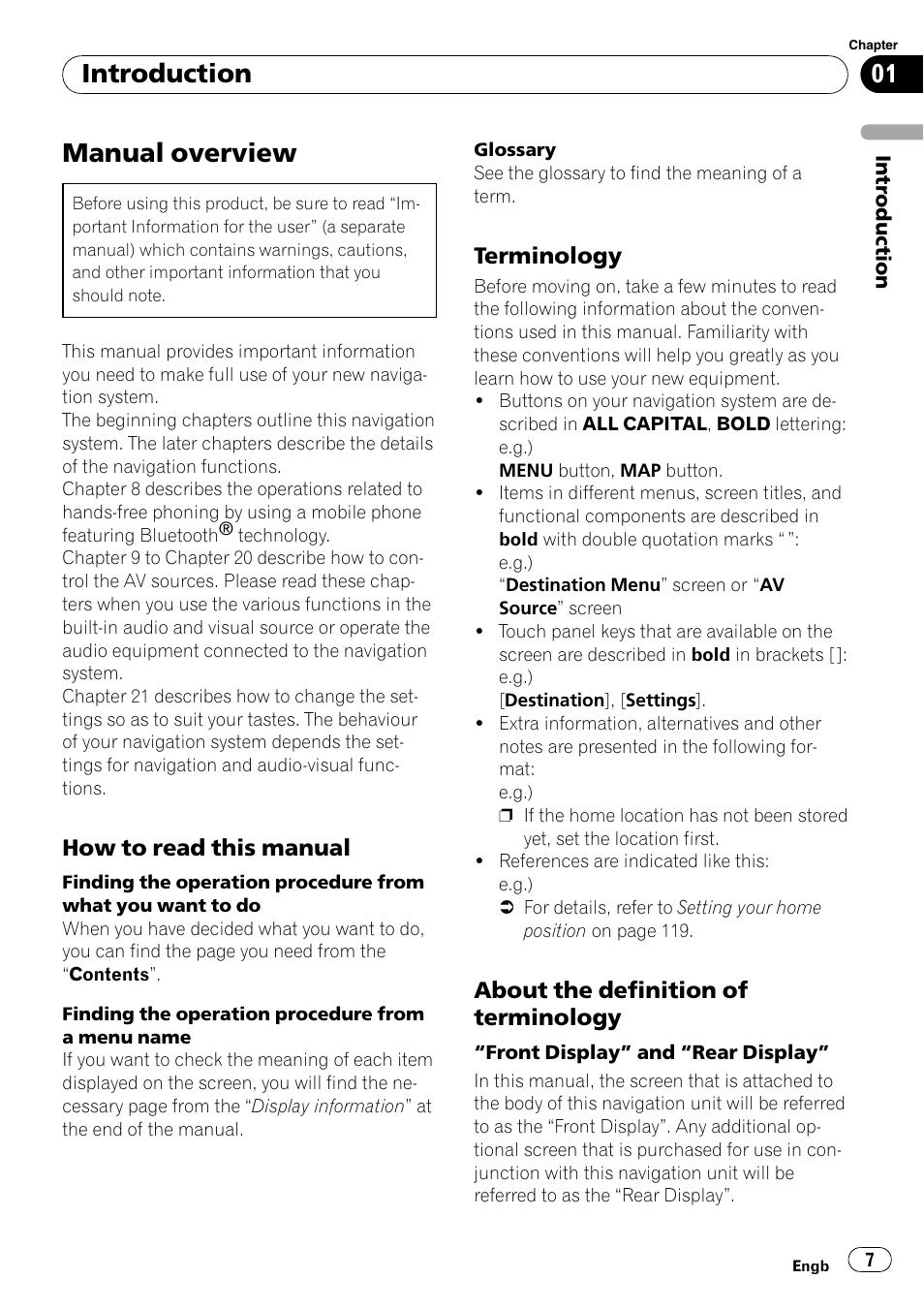 Introduction manual overview, How to read this manual 7, Terminology 7 | About the definition of terminology 7, Manual overview, Introduction | Pioneer AVIC F900BT User Manual | Page 7 / 172