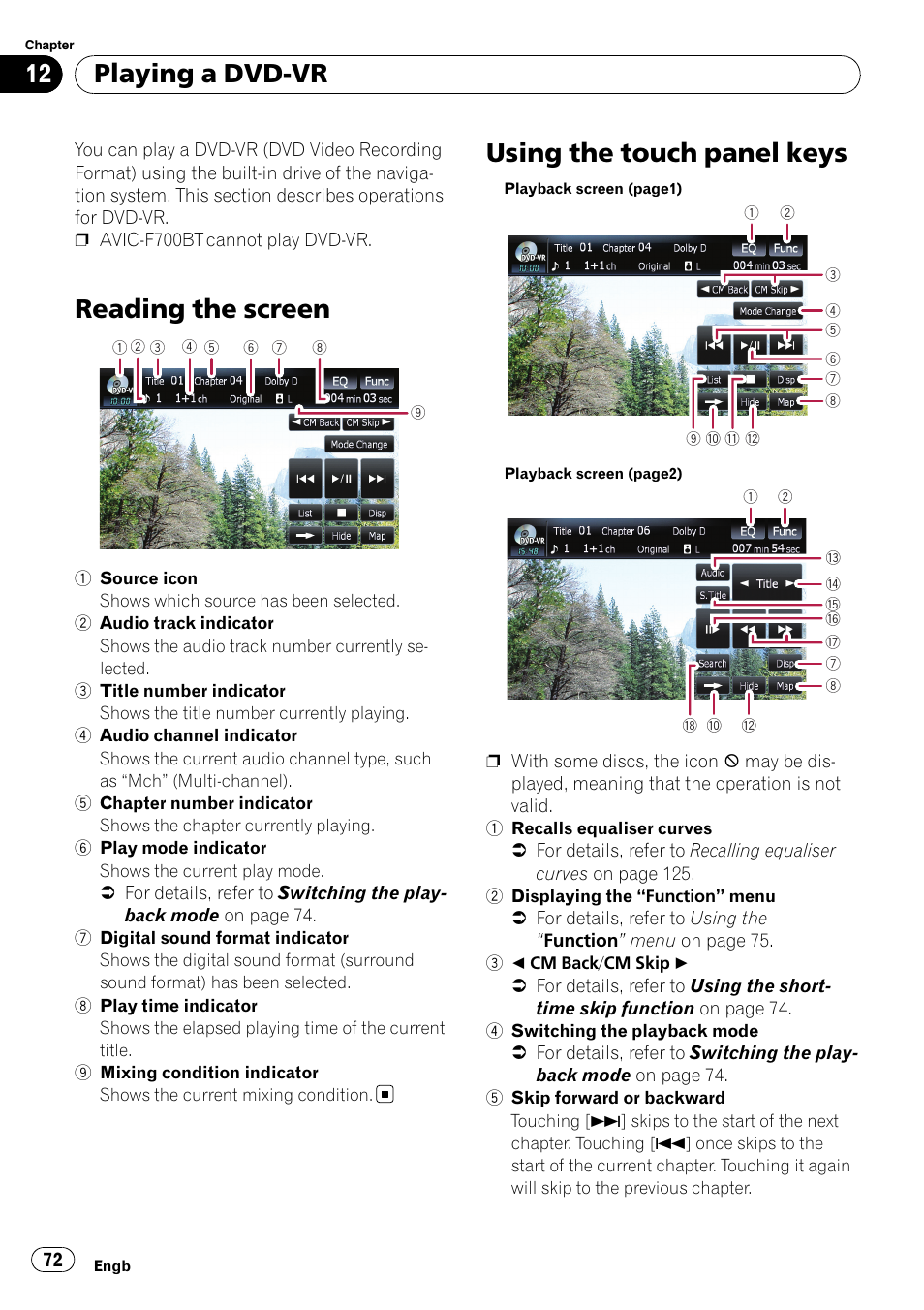 Playing a dvd-vr reading the screen, Using the touch panel keys, Reading the screen | Playing a dvd-vr | Pioneer AVIC F900BT User Manual | Page 72 / 172