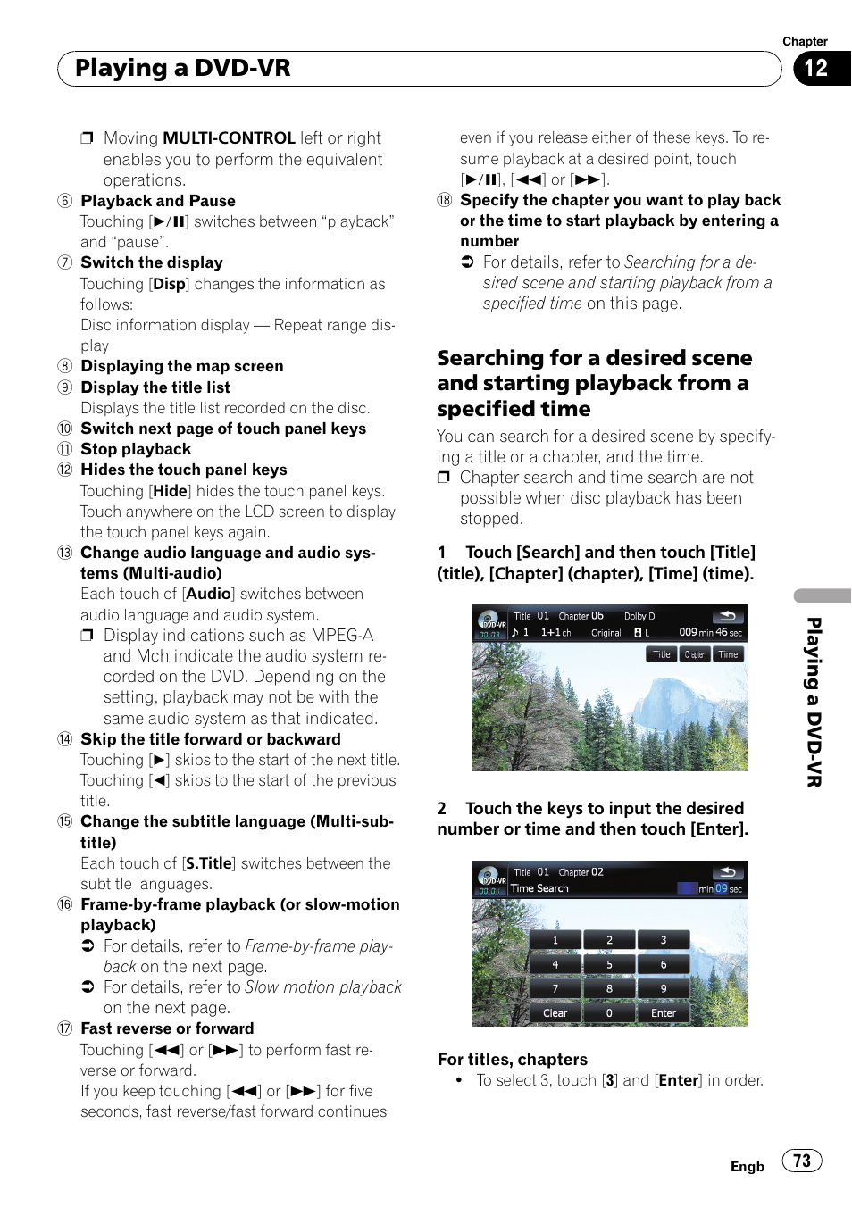 Searching for a desired scene and, Starting playback from a specified time, Playing a dvd-vr | Pioneer AVIC F900BT User Manual | Page 73 / 172