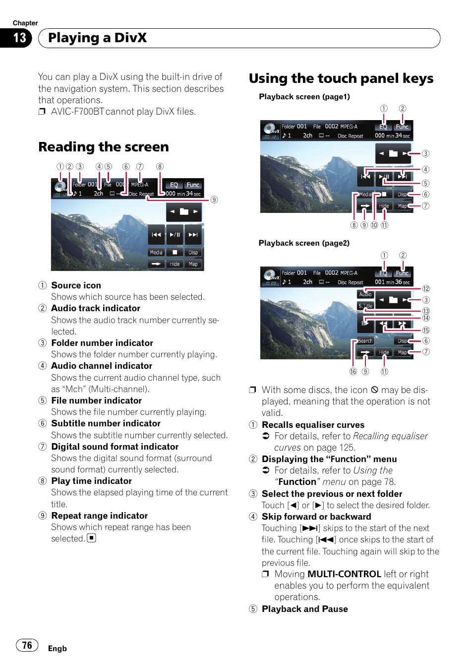 Playing a divx reading the screen, Using the touch panel keys, Reading the screen | Playing a divx | Pioneer AVIC F900BT User Manual | Page 76 / 172