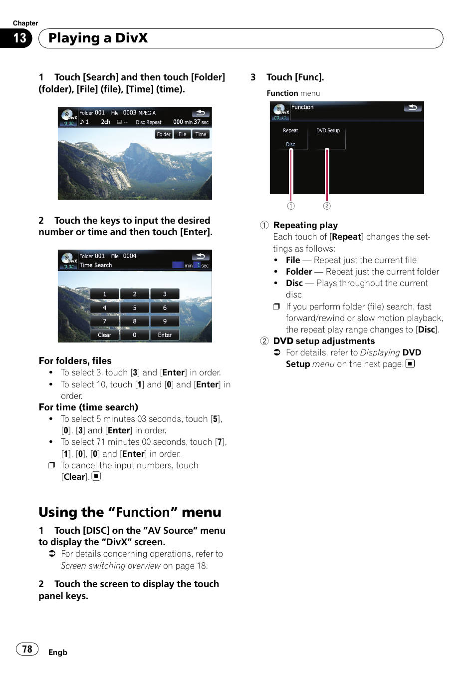 Using the, Function” menu 78, Using the “function” menu | Playing a divx | Pioneer AVIC F900BT User Manual | Page 78 / 172