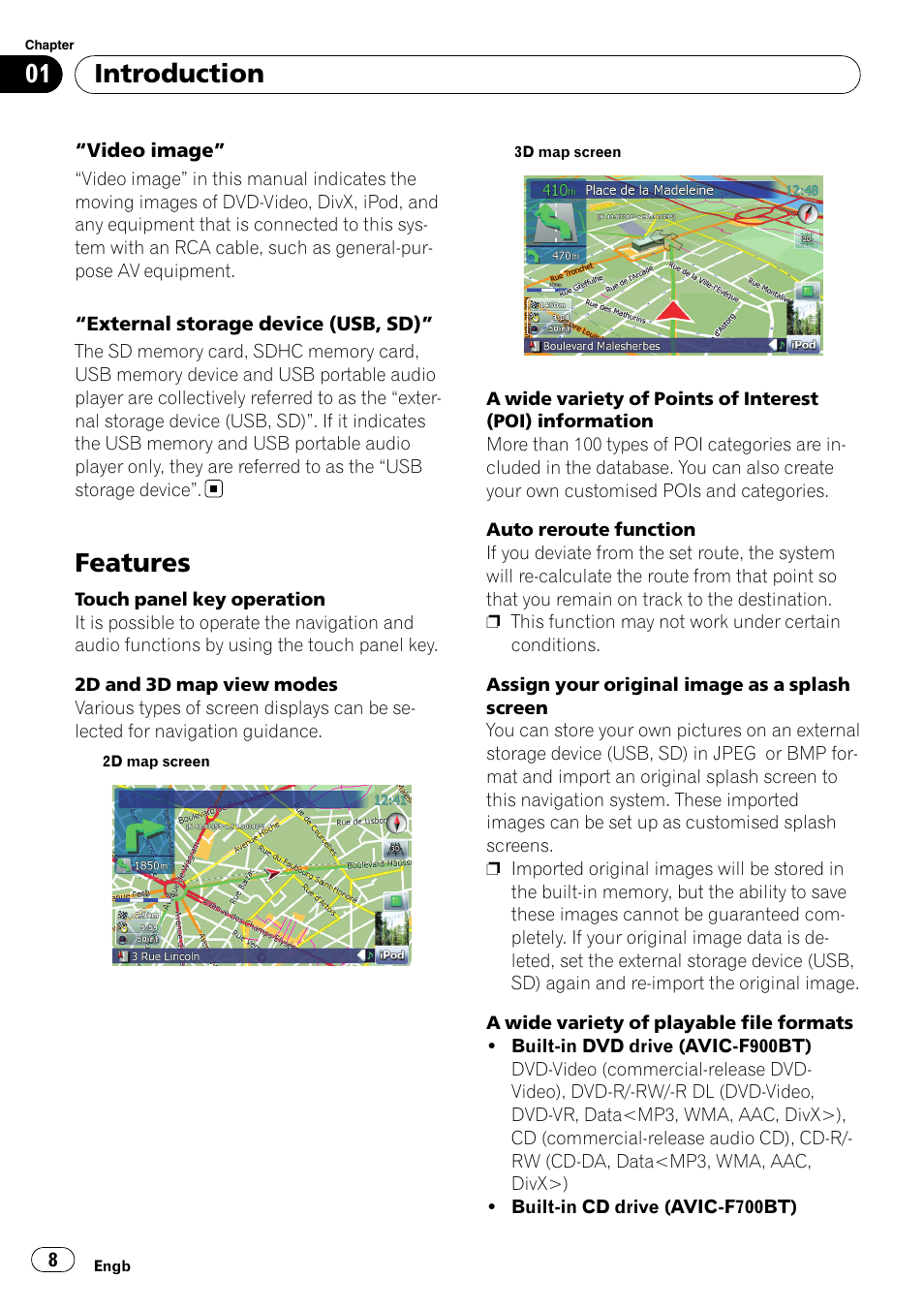 Features, Introduction | Pioneer AVIC F900BT User Manual | Page 8 / 172