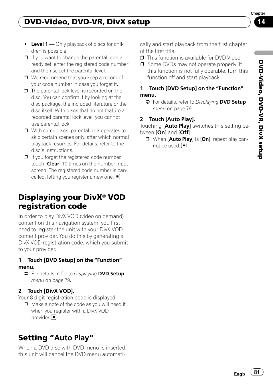 Displaying your divx® vod registration, Code, Setting | Auto play” 81, Displaying your divx, Vod registration code, Setting “auto play, Dvd-video, dvd-vr, divx setup | Pioneer AVIC F900BT User Manual | Page 81 / 172