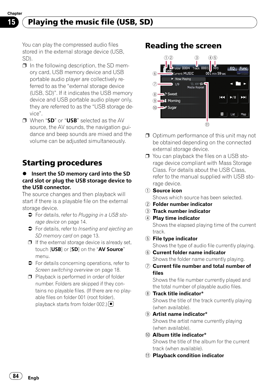 Reading the screen, Starting procedures, Playing the music file (usb, sd) | Pioneer AVIC F900BT User Manual | Page 84 / 172